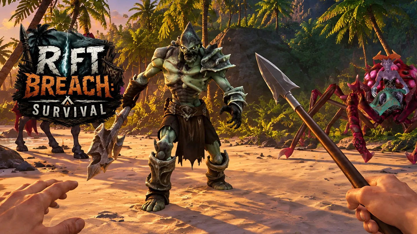 Rift Breach: Survival: a first-person spear faces an armored orc and a giant crab on a beach